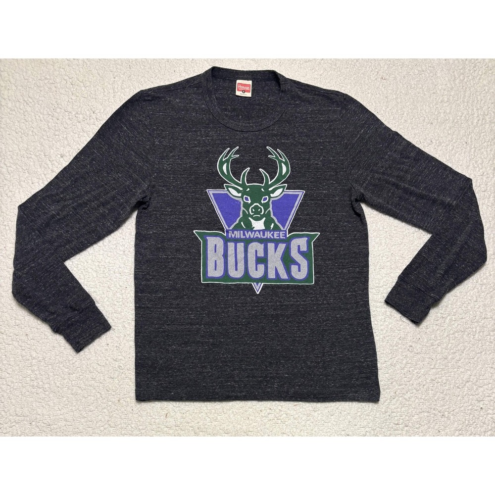 Homage Mens Milwaukee Bucks T-shirt Graphic Tee Size S Charcoal Crewneck Nba